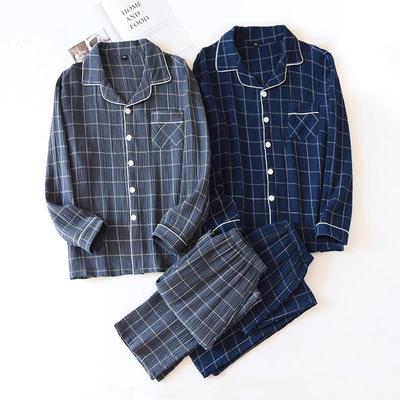 Neuer Herren-Plaid-Hausanzug 100% Baumwoll-Kreppstoff Pyjama Langärmelige Hose Schlicht Zweifarbig Übergröße Hausanzug