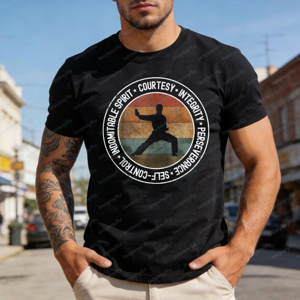 Martial Arts Men TShirt Cotton Casual Short Sleeve Top with Karate Silhouette and Values Design for Training Gift Sportwear