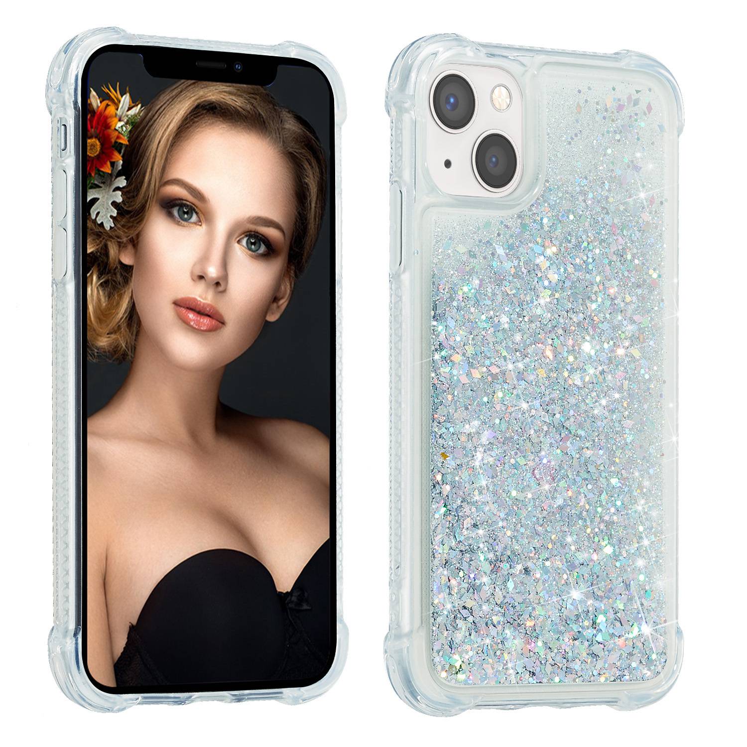 

For iPhone 14 Plus Glitter Quicksand Liquid Phone Case Transparent Flexible TPU Cushion Protective Cover Rose Gold