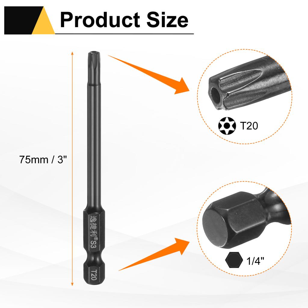 6pcs T6-T40 Torx Screwdriver Bit 1/4" Hex Shank 75mm/100mm S3 Steel Magnetic Tamper Proof Star 6 Point Head Hex Screw Driver Bit