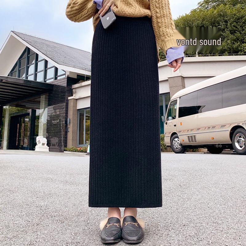 High-Waisted Black Wool Knit Bodycon Maxi Skirt with Side Split M (80-110 jin)