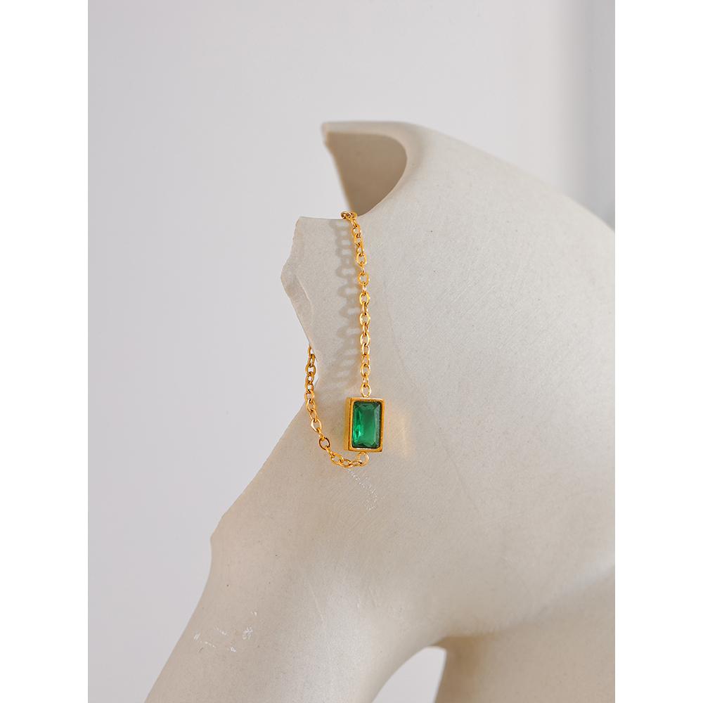 Yhpup Exquisite Green Cubic Zirconia Chain Adjustable Golden Ring Delicate Stainless Steel Fashion Jewelry for Women