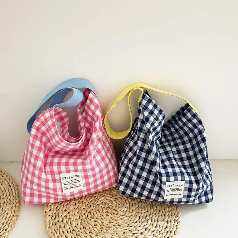 Ctrast Color Checked Ladies Shoulder Bag Large Capacity Women's Plaid Handbags Canvas Commuter Female Tote Shopping Bags