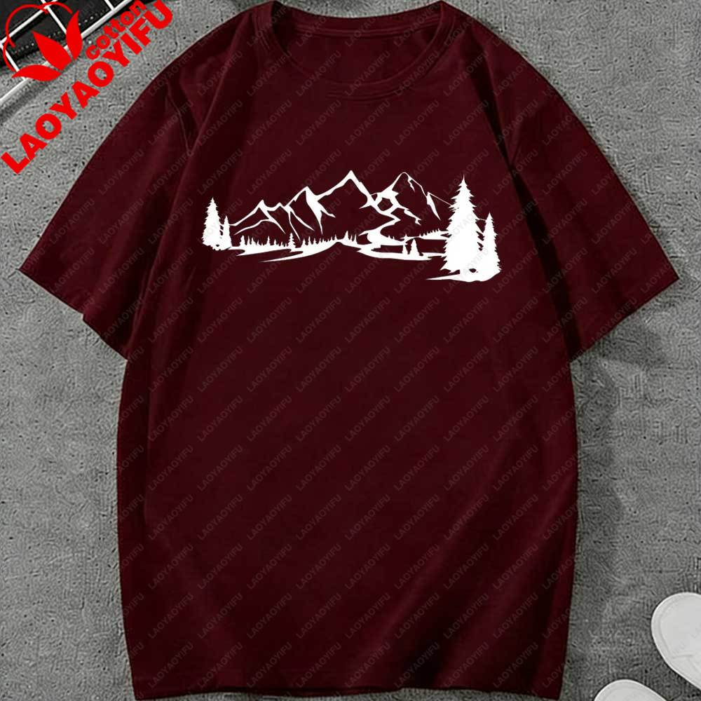 Minimalist Mountain Forest River Landscape TShirt Nature Graphic Tee Oversized Cotton Casual Top Hiking Camping Outdoor Lovers