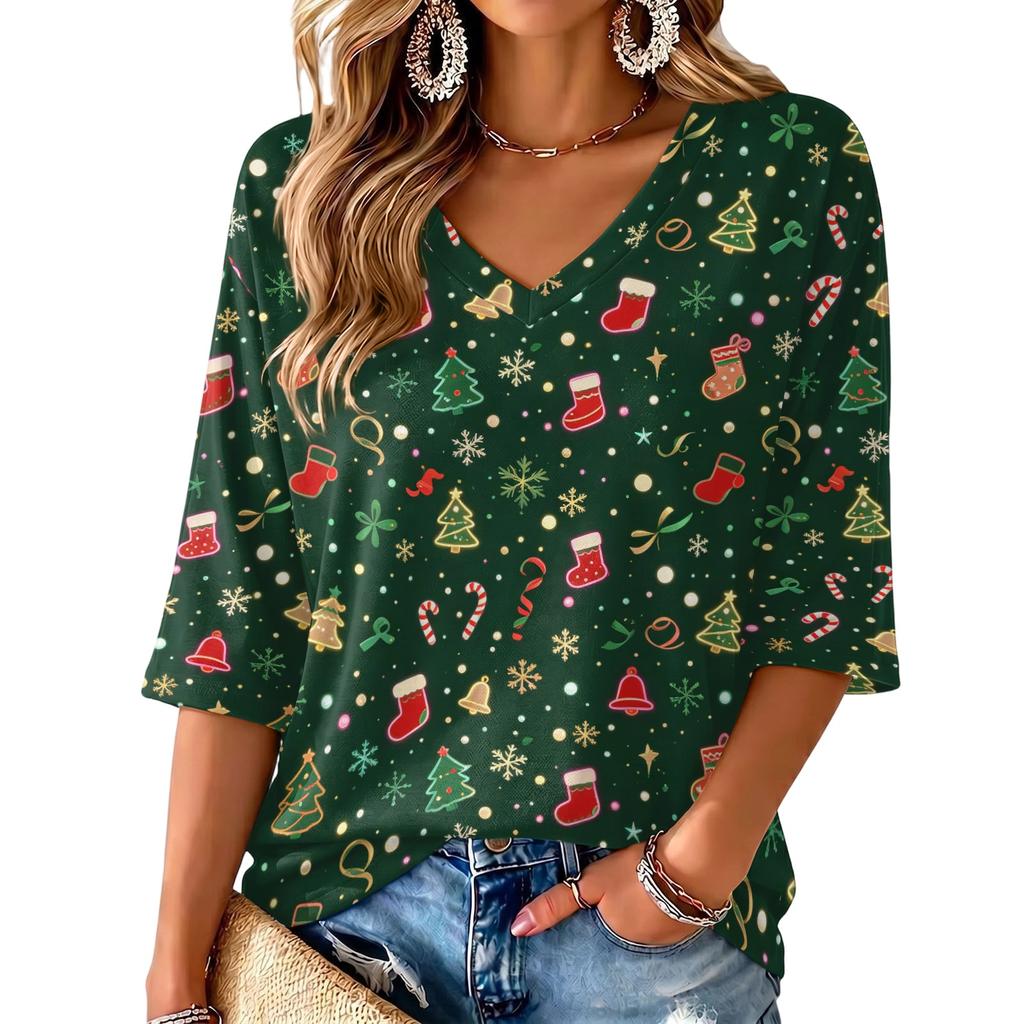 Women's Casual V-Neck Top with Christmas Print and Three-Quarter Sleeves