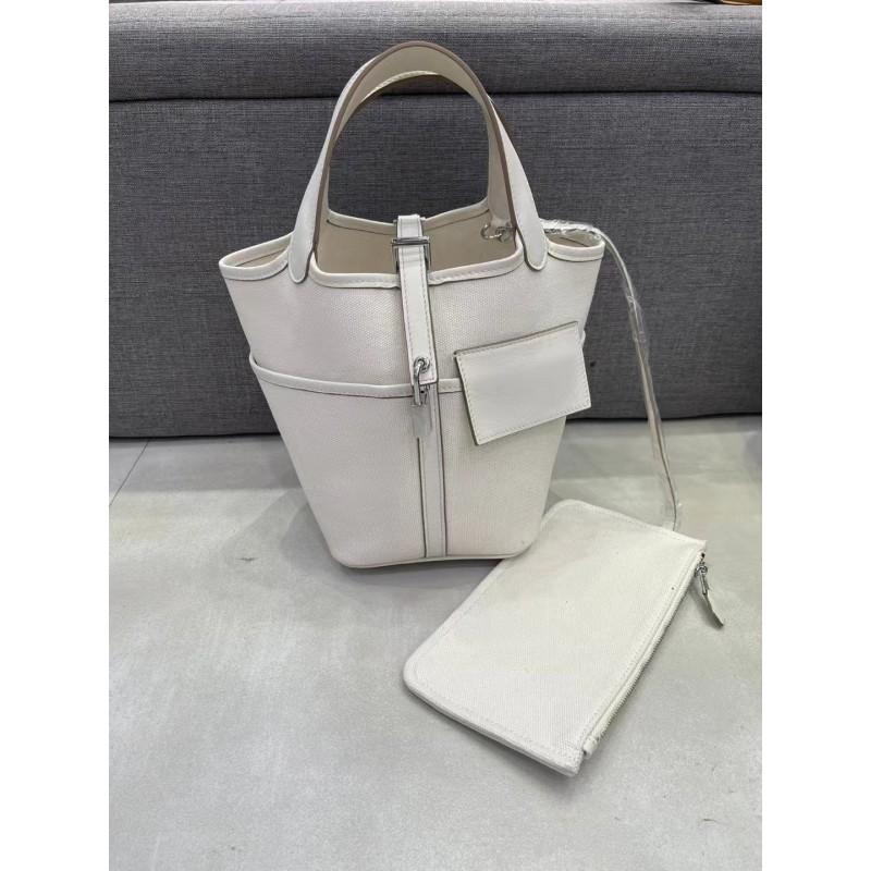 Chic Versatile Bucket Tote Bag Canvas Swift Leather Blend Single Shoulder Handbag Women