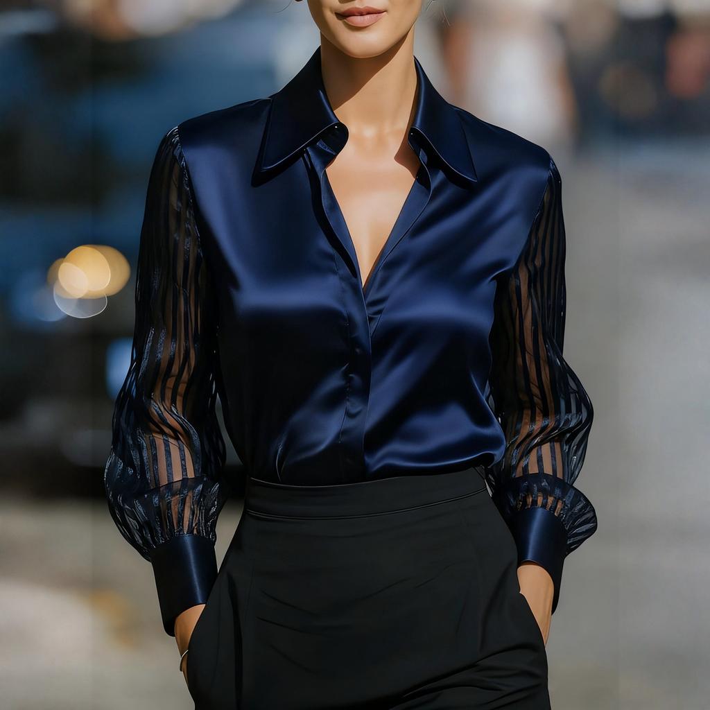 Damen Einfarbig Vielseitig Locker Satin Langarm Bluse Top