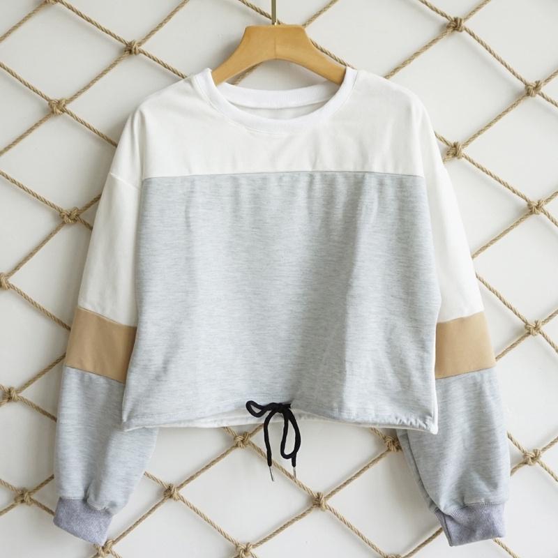 Premium Quality Woman Autumn Winter Color Patchwork Long Sleeve Round Neck Tie Sweatershirt For Effortless Style