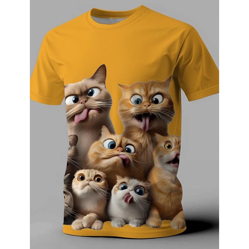 Summer Round Neck 3D Cat Print Top Fashionable Casual Short Sleeved Men's T-shirts