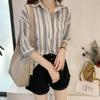 Korean Female Casual Striped Printed Blouse Fashion Summer Commute 3/4 Sleeve All-match Polo-Neck Button Shirt Women's Clothing