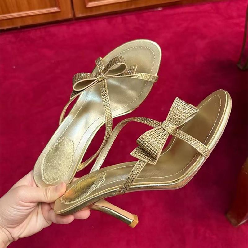 Fashion Luxury Rhinestones Bowknot Narrow Band Women Slippers Sandals Fashion Crysatl Stiletto High Heels Mules Slides Summer Shoes