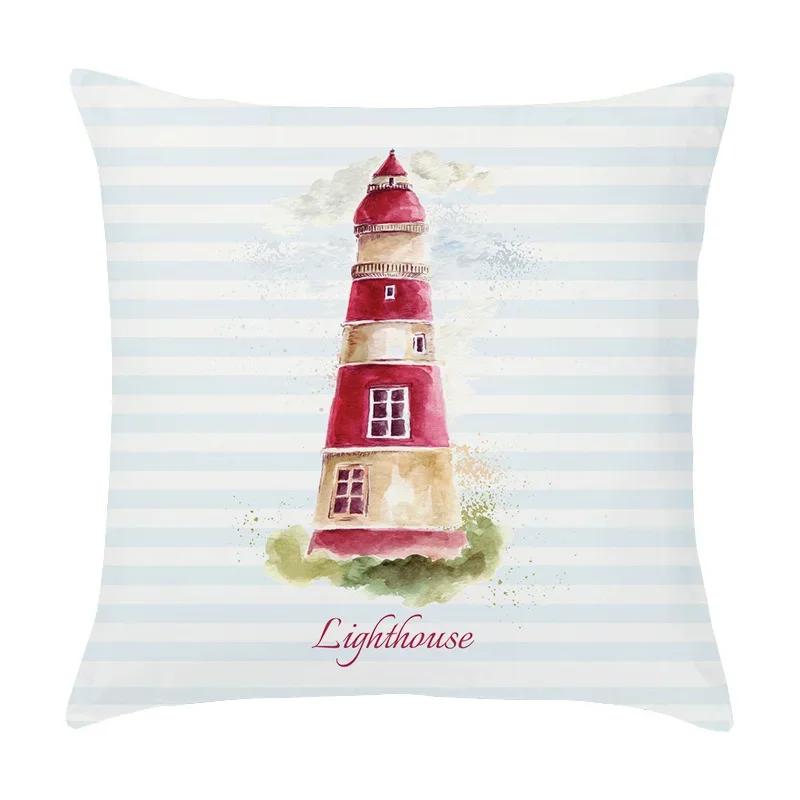 Cartoon Sailing Hot Air Balloon Lighthouse Pattern Cushion Cover Home Living Room Sofa Short Plush Pillow Case X
