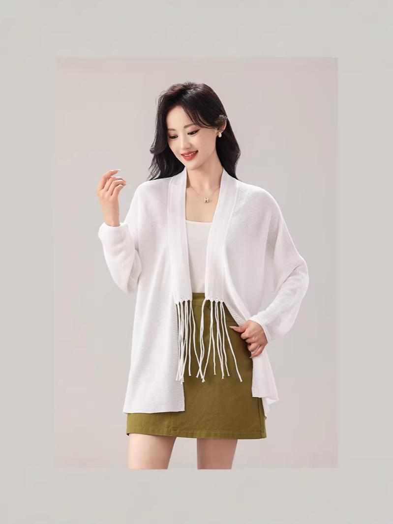 

Plus Size Women s 2026 Spring Knitted Tassel Cardigan: Solid Color, Long Sleeve, No Button, Korean Style Casual Outerwear One Size