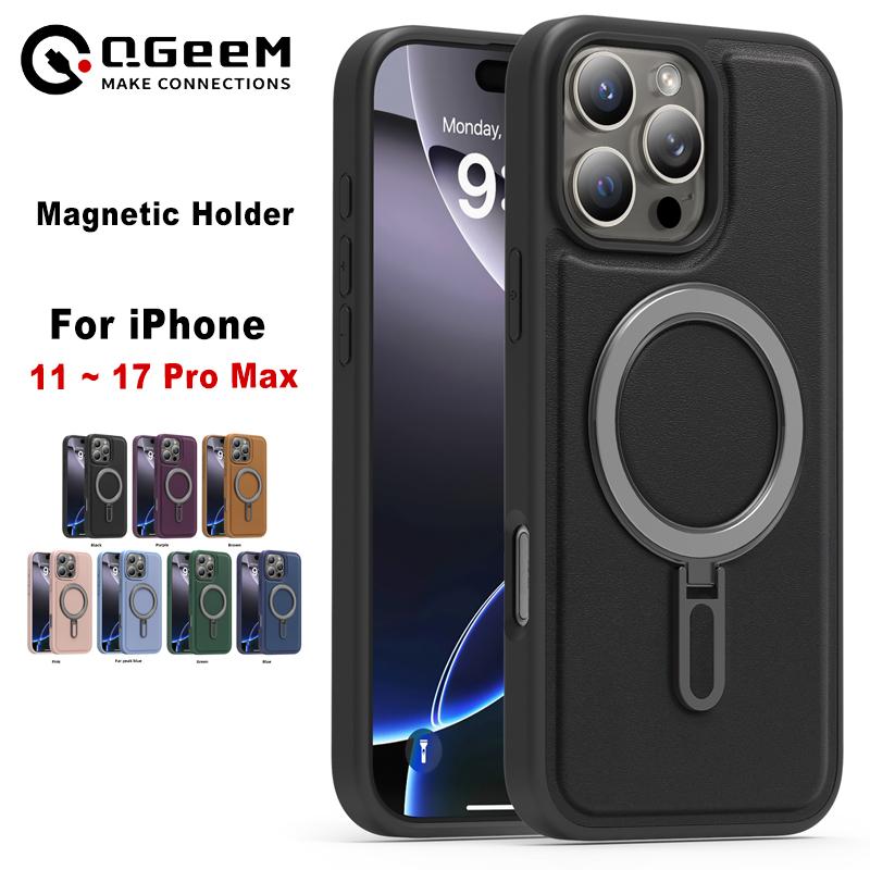 Magsafe Magnetic Metal Car Bracket Ring Luxury Matte Leather Phone Case For iPhone 16 Pro Max 14 11 12 13 15 Pro Max Back Cover