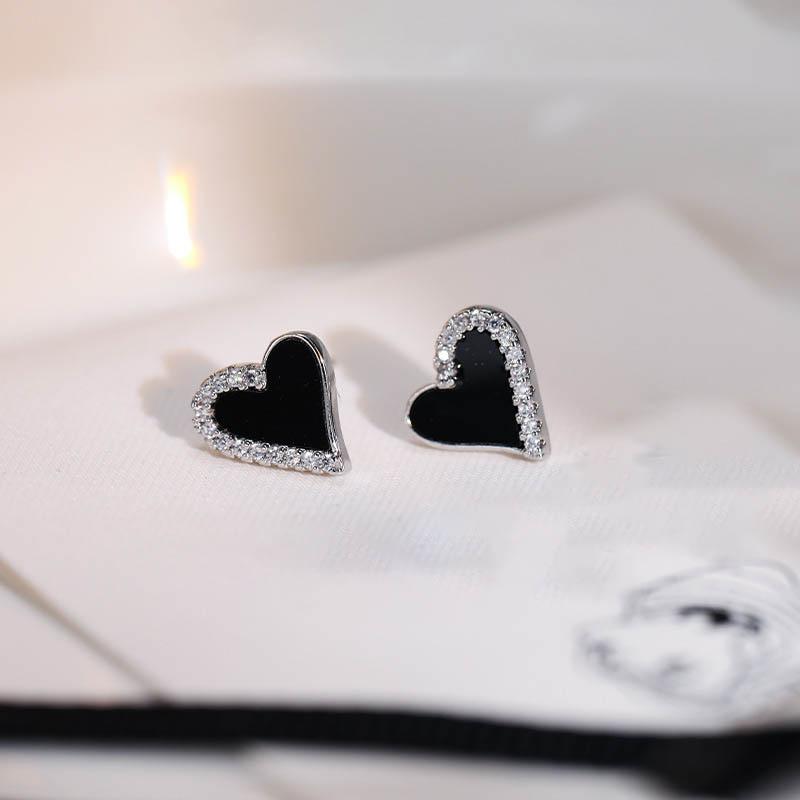 Luxury Shiny Zircon Black Love Heart Stud Earrings For Women Fashion Wedding Party Jewelry  Girls Gifts