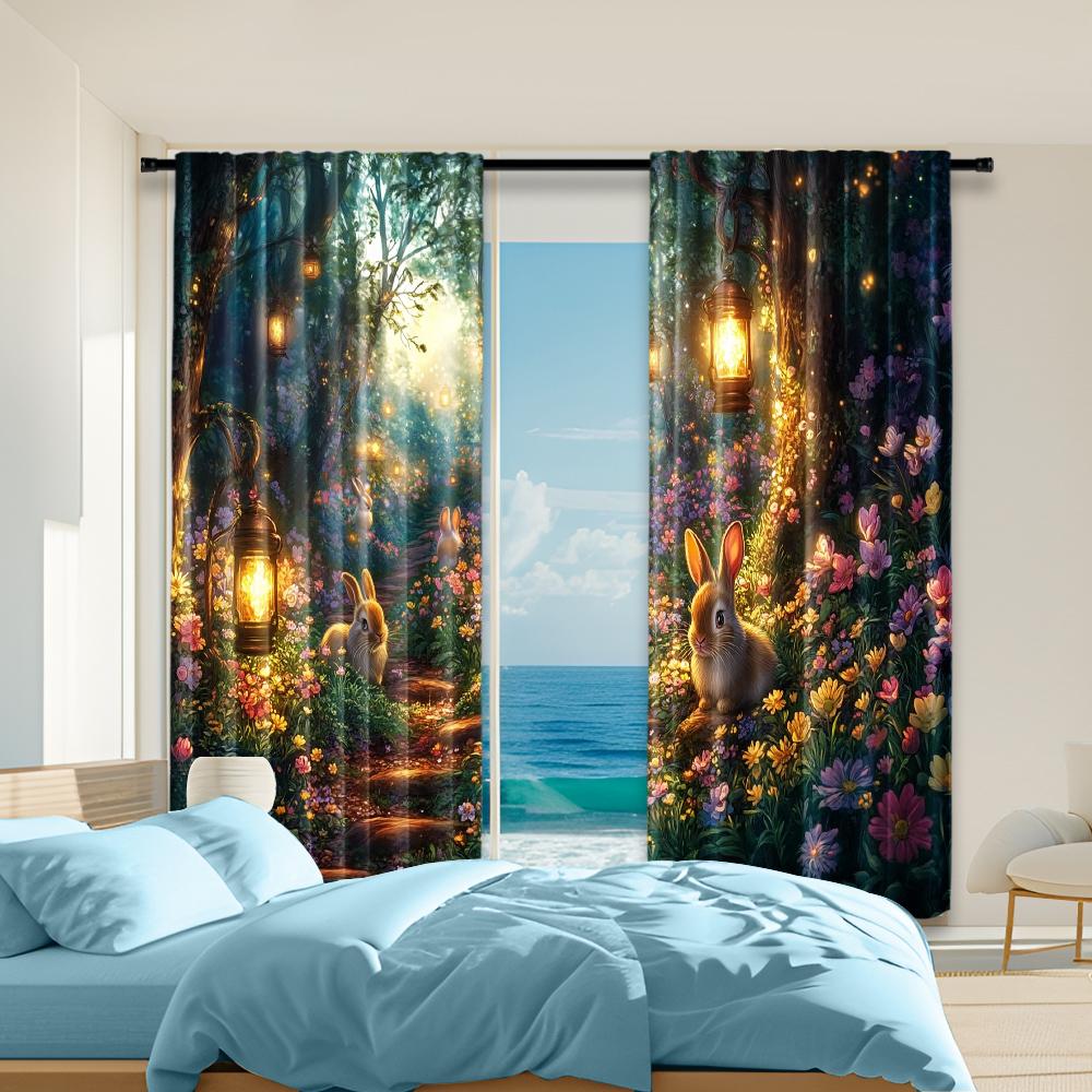 Versatile Polyester Transparent Curtains Home Decoration Spring Fairy Story Forest Beautiful Flowers Seasons Use Curtain Set Of 2 Made Washable W100*H70(CM)-Hooks&1PCS