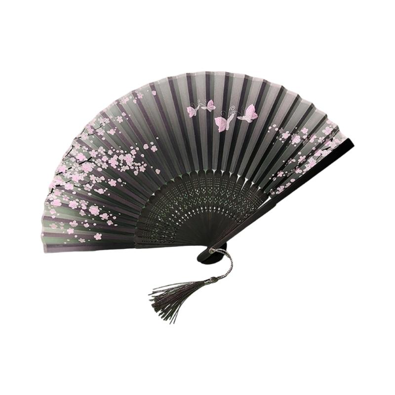 Éventail traditionnel chinois vintage avec pompons Éventail pliant portable Éventail de danse pour femmes Mariages Bals de fin d'études Photographie