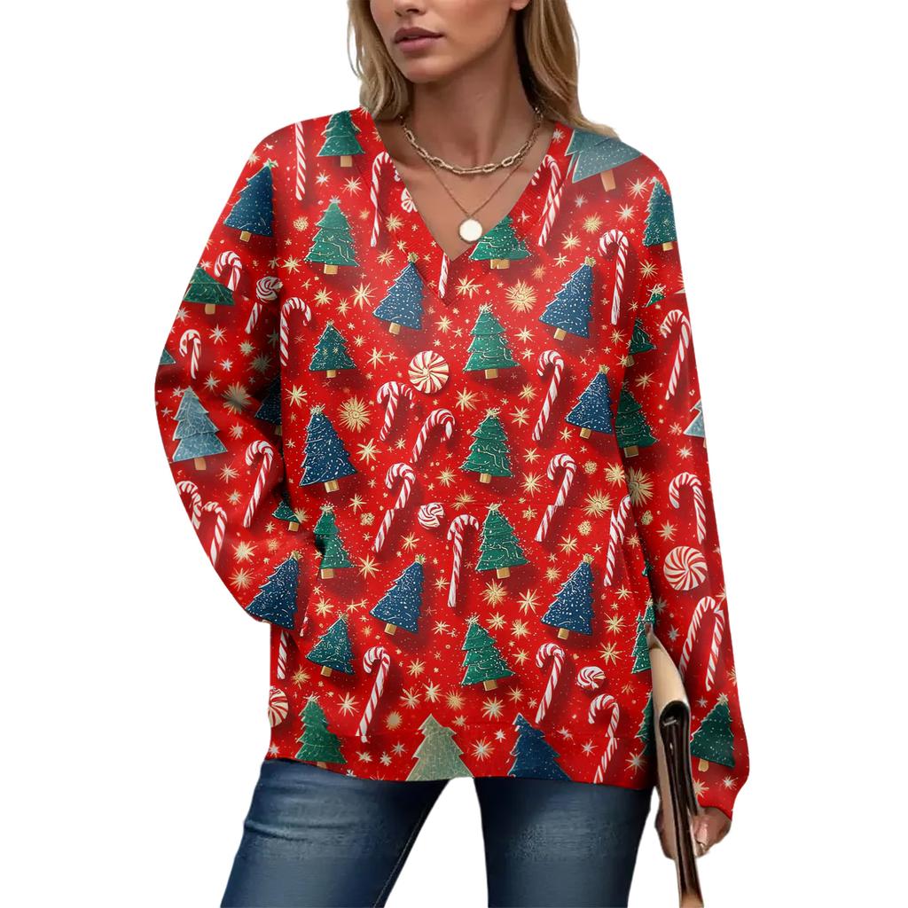 Damtopp med långärmad jultryck och avslappnad design