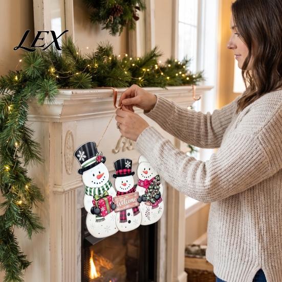 Santa Claus Decor Christmas Wooden Hanging Sign, 2D Snowman Welcome Door Plaque, Xmas Wall Farmhouse Art Ornament, Holiday for Front Porch, Entryway,