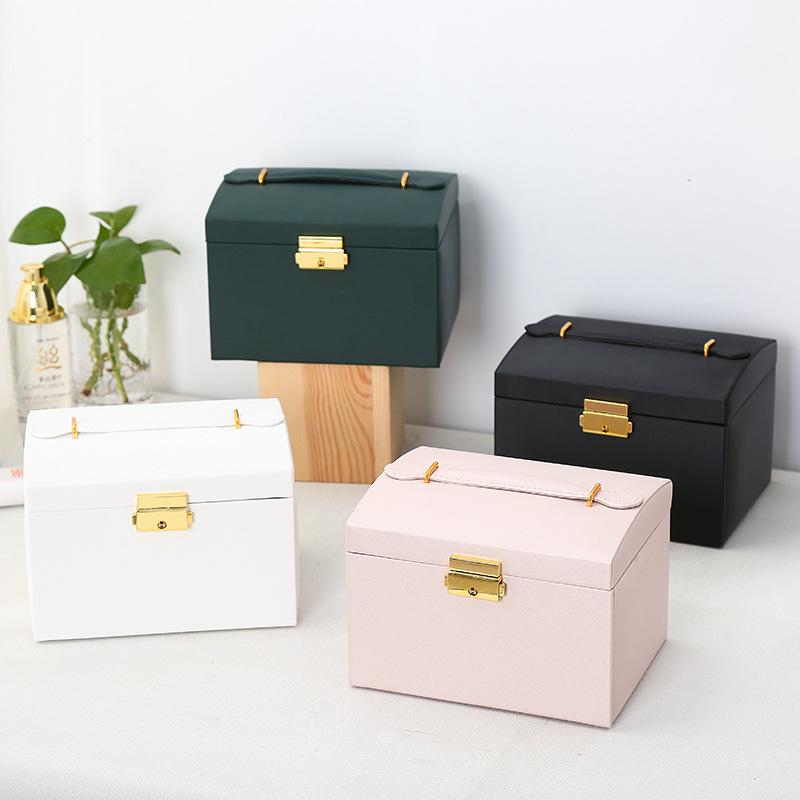 Triple-Layer Leather Jewelry Box with Mirror and Lock for Earrings