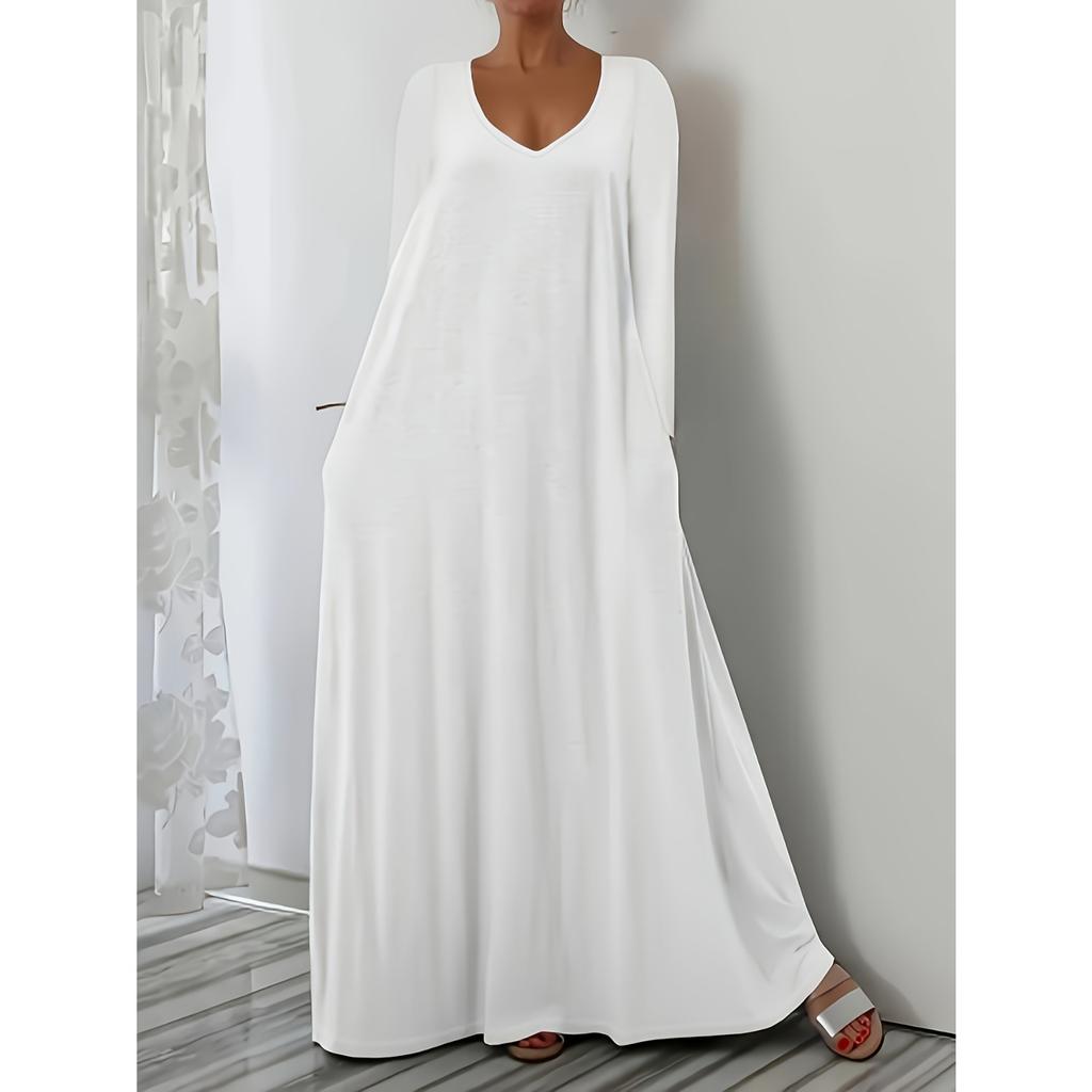 Women's V Neck Short Sleeve Maxi Dress Loose Fit Casual Solid Summer Beach Gown