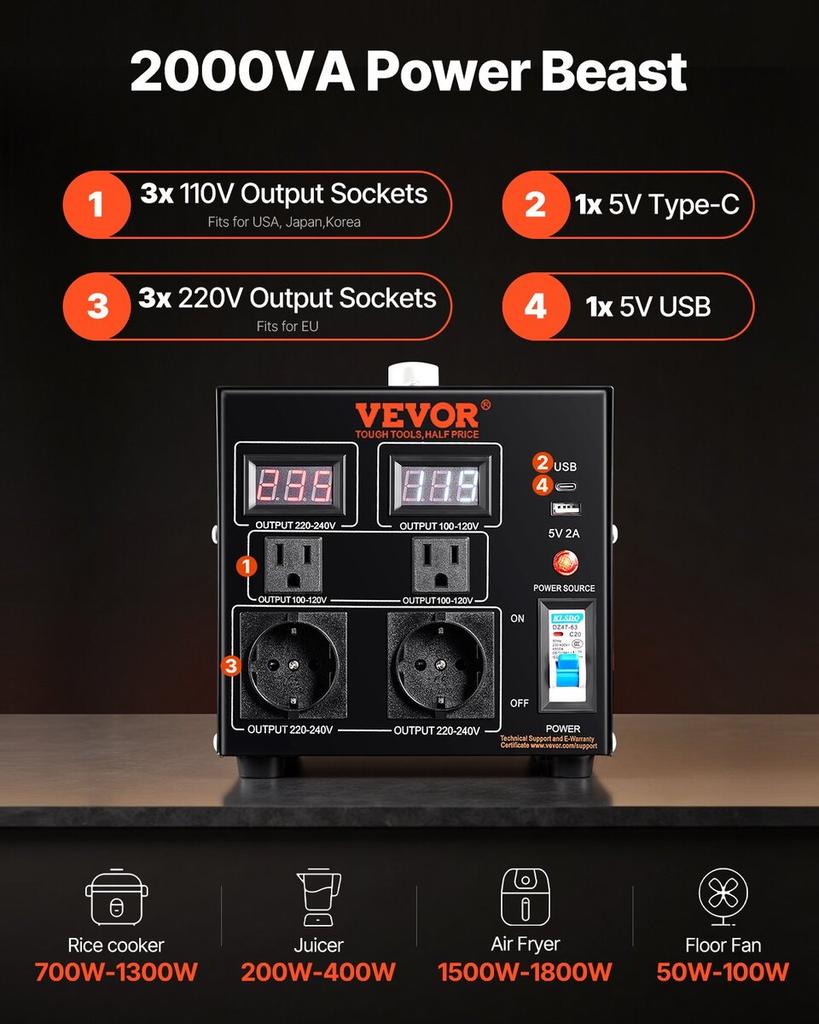 Transformador Convertidor de Voltaje, 2000VA, Transformador Elevador/Reductor de Servicio Pesado, Convierte de 110 Voltios a 220 Voltios y de 220 Voltios a 110 Voltios, con EE. UU.
