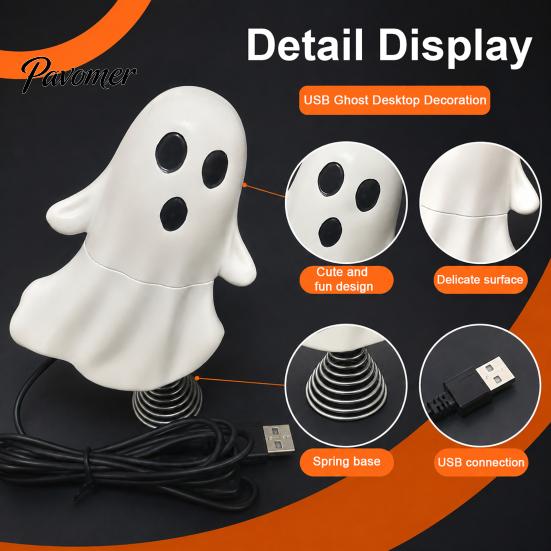 Portable Decorative Figurine Cute Ghost Night Light with Spring Base, USB Powered Mini Spooky Halloween Dynamic Ornament Tree Topper LED for