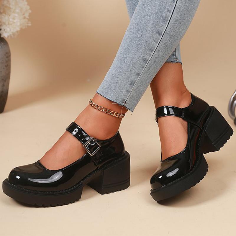 Fashion Elegant Adjustable Ankle Buckle Mary Jane Shoes Women Pu Leather Thick Heel Pumps Woman Round Toe Platform Casual Shoes Ladies