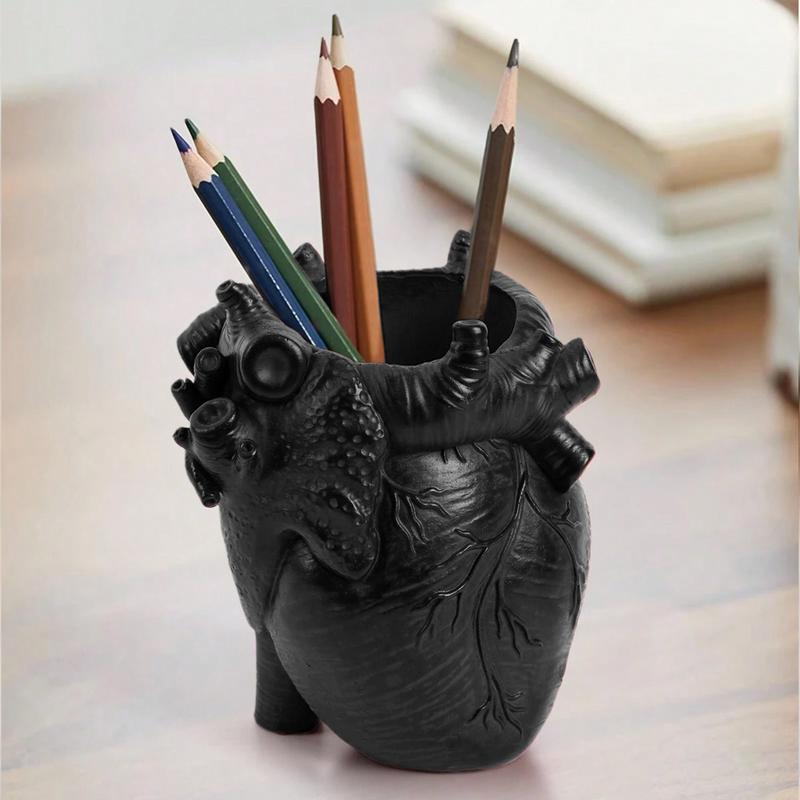 Creative Heart Shaped Resin Pen Holder Desktop Organizer Office Study Bookshelf Decor Art Supply Storage Accessory