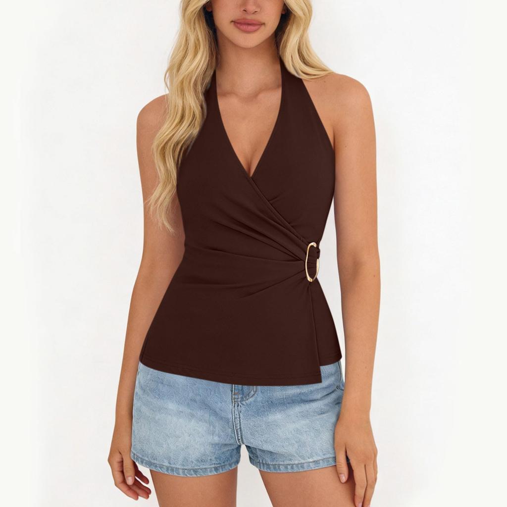 Women's Fashionable Plain Sleeveless V-neck Sexy Cross-Back  Top