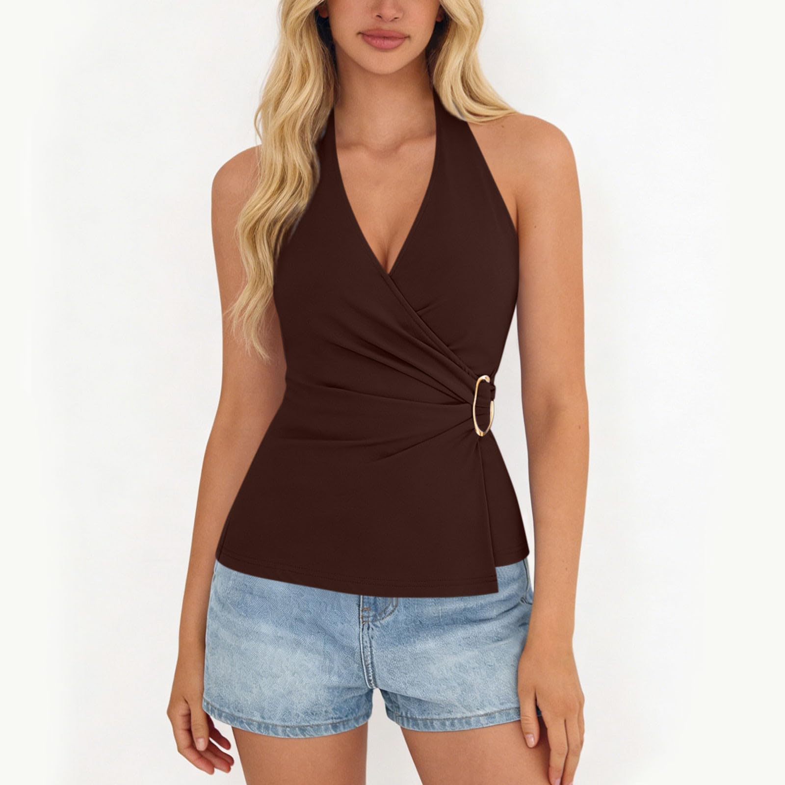 

Womens Spring Tops Wrap Design Summer Shirts for Women Sleeveless Casual Style Womens Summer Shirts 2026 S коричневий