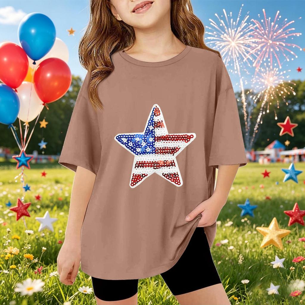 Kinder Kurzarm T-Shirt mit Sternenmuster Pailletten vorne Lässiges lockeres Oberteil für den Sommer Alltagsbekleidung