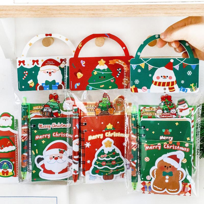 Christmas Kids Cartoon Gel Pen Bookmark Notebook Sticky Stationery Set Note Keychain Set School Supplies Student New Year Gift