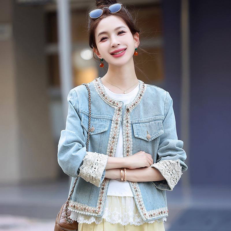 

Женская джинсовая куртка пэчворк с кружевом, весна 2025: Шикарный, Универсальный, Высококлассный Medium