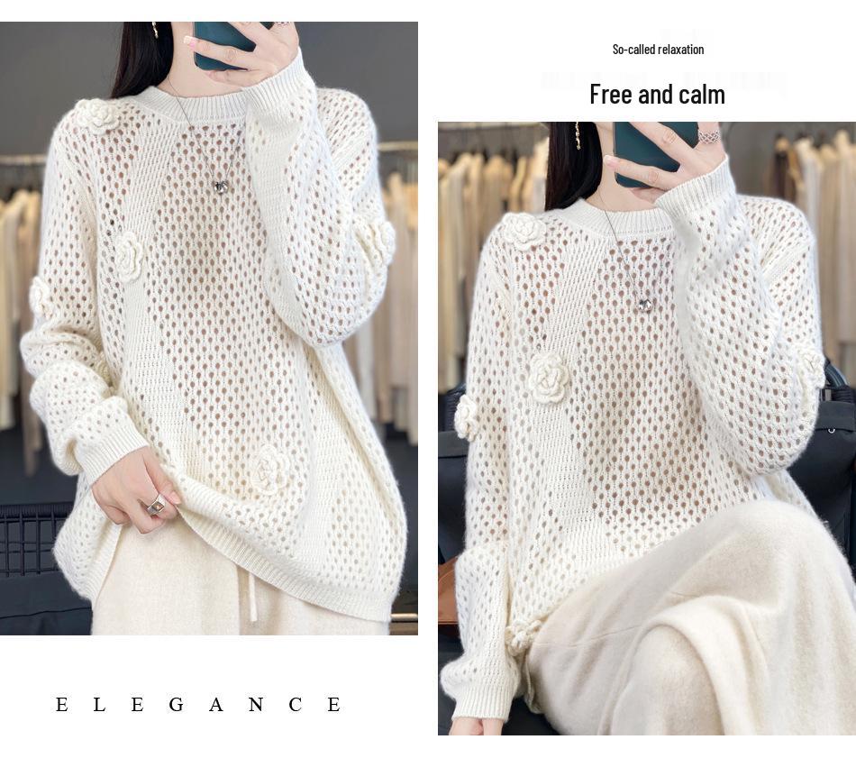 2025 Autumn/Winter Women's Thick Cashmere Hand-Knit Hollow Round Neck Long Sleeve Sweater