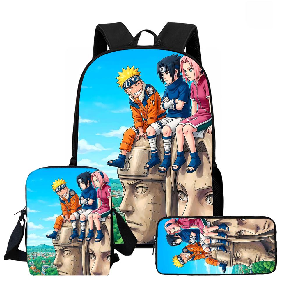 3Pcs Set Kids Backpack with Crossbody Bag & Pencil Bag, Cartoon NARUTO Lightweight School Bag for Boys & Girls Aged 5-9