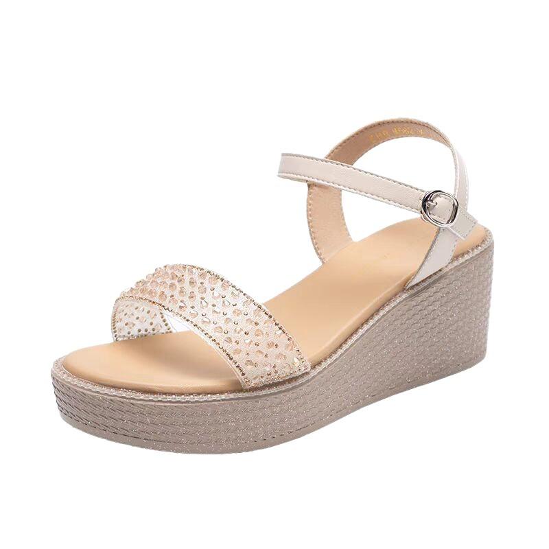 Wedge heel sandals women's 2025 new summer wear thick sole not tired foot muffin rhinestone with skirt high heel women's shoes