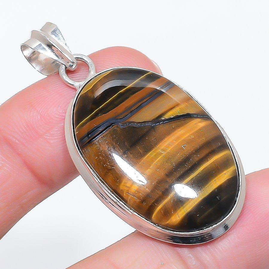 

Natural Tiger Eye Gemstone 925 Sterling Silver Jewelry Pendant 1.97 H7i50