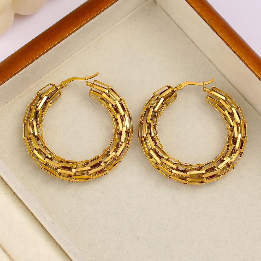 Trendy Exaggerated European Style 18K Gold-Plated Stainless Steel Mesh Hoop Earrings золотой