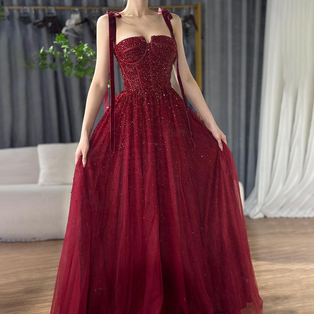 Burgundy suspender A-word bead dress, elegant dinner art exam solo host dress LA10100A
