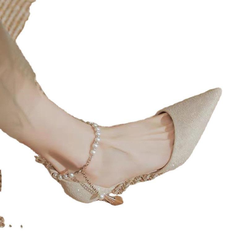 Fashion High Heeled Women's 2025 Spring/summer New Style Fairy Style Pointed Thin Heel Pearl Straight Strap Hollow Toe Sandals