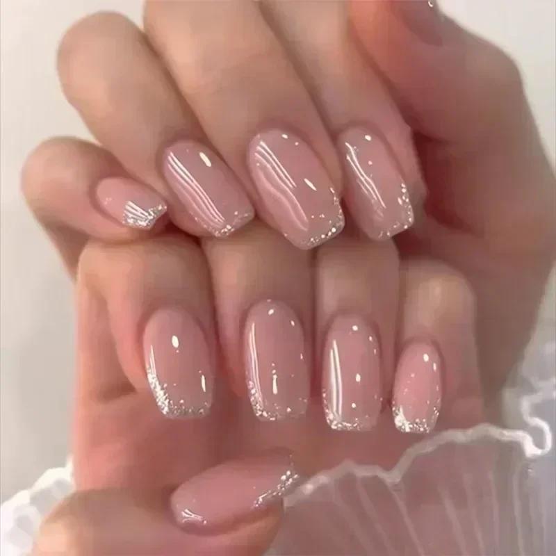 24Pcs Medium Short Square White Silver Glitter French Tip Press On Nails Full Cover Fake Nail Art Tips
