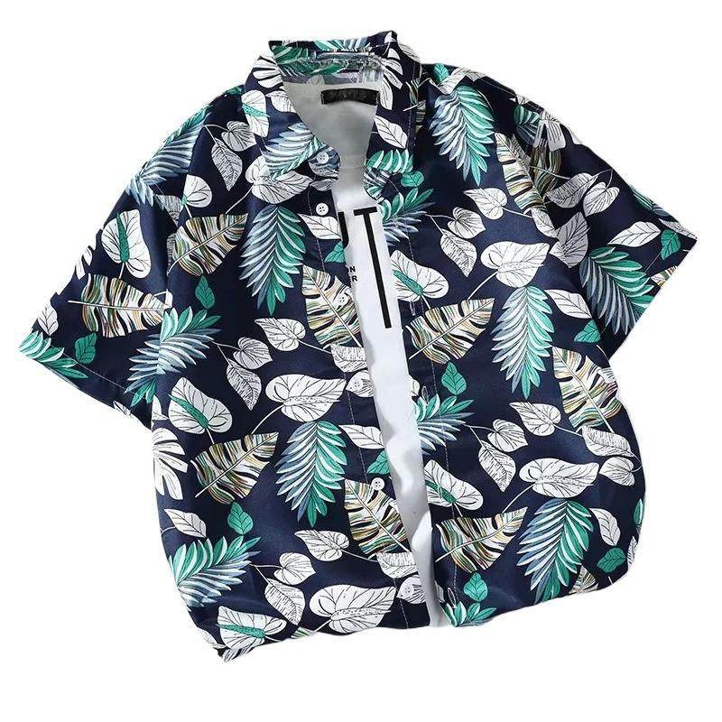 Retro Baumblatt Ananas Floral Kurzarm Sommer Vielseitig Unisex Strandhemd
