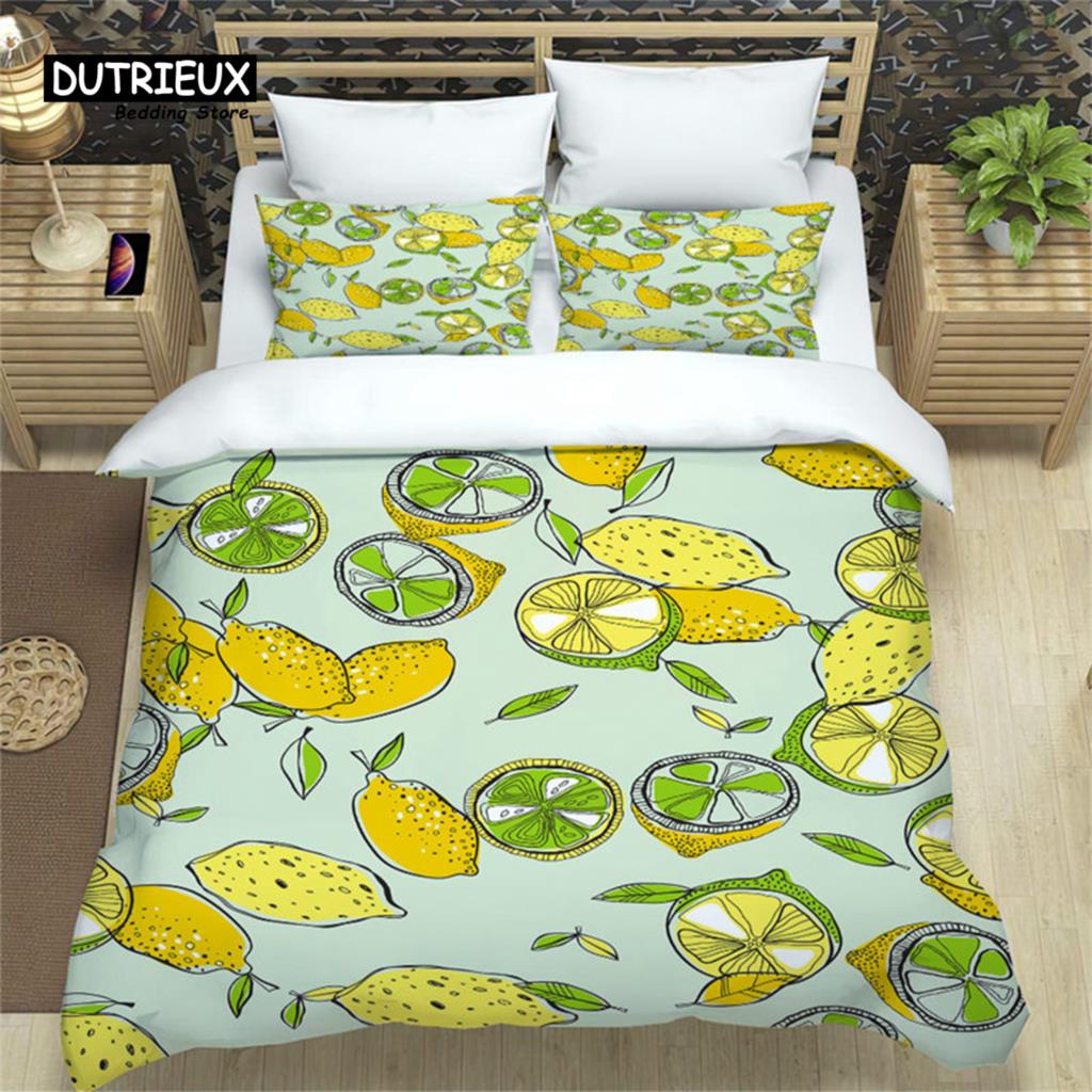 Summer Tropical Fruit Bedding Set Cartoon Fruits Orange Lemon Print Duvet Cover Microfiber Double Comforter Cover Bedroom Decor