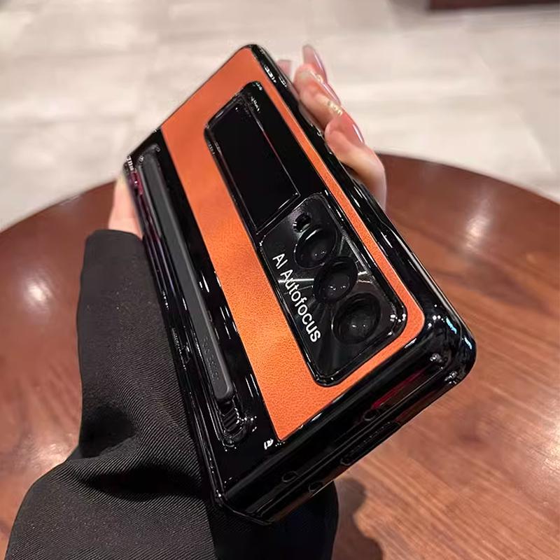 With S Pen Stand Leather Case for Samsung Z Fold 4 Z Fold 5 6 Hinge Case Screen Protective Film Pen Slot Cover