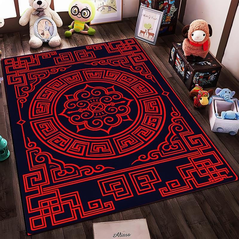Geometric Red Pattern Carpet, Black Background, Modern Oriental Style Suitable for Use As an Anti-slip for Living Room Bedroom Sofas