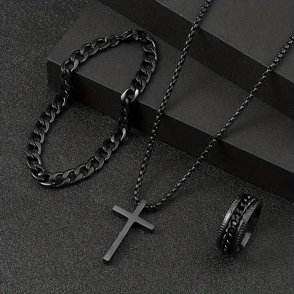 Men's Necklace Cross Jewelry Chain Ring Bracelet Necklace 3-piece Set