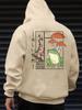 Japanese-style Cartoon Fun Frog, Mushroom, and Cherry Blossom Print Men's Hoodie with Pockets, Casual Sportswear, Autumn and Winter Fleece Clothing.