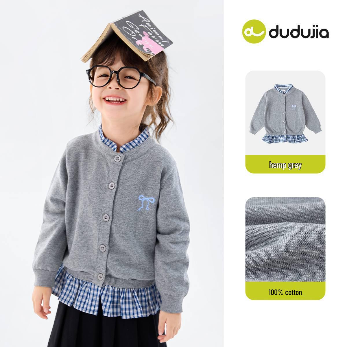 Retro Academy Dududu Girls  Sweater - Spring New Pure Cotton Faux Two-Piece Top for Children 100 cm