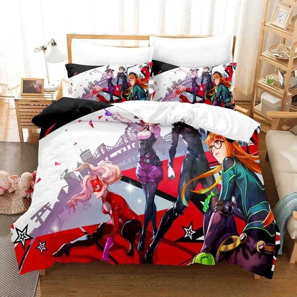 3D-Druck Persona 5 Bettwäsche-Set Cartoon Anime Bettbezug Dreiteiliges Set für Erwachsenen Kinder Schlafzimmer Heimtextilien Geburtstagsgeschenk